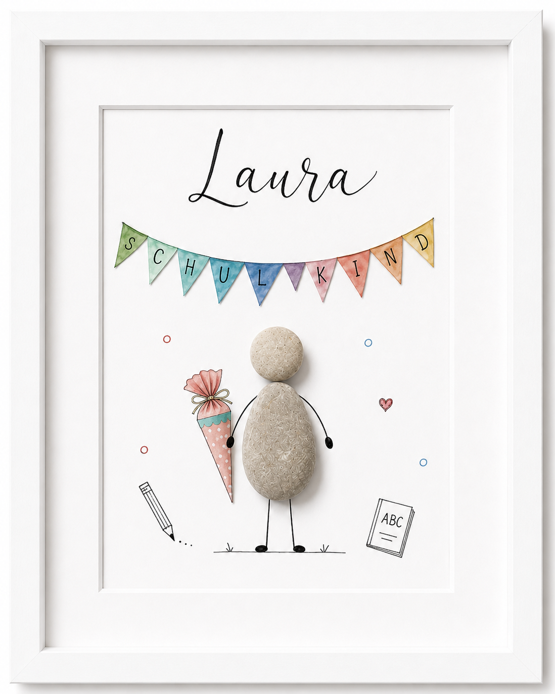 Kieselsteinbild Schulkind mit Wimpelkette und Schultüte – Geschenk zur Einschulung, handgemachtes Steinbild
