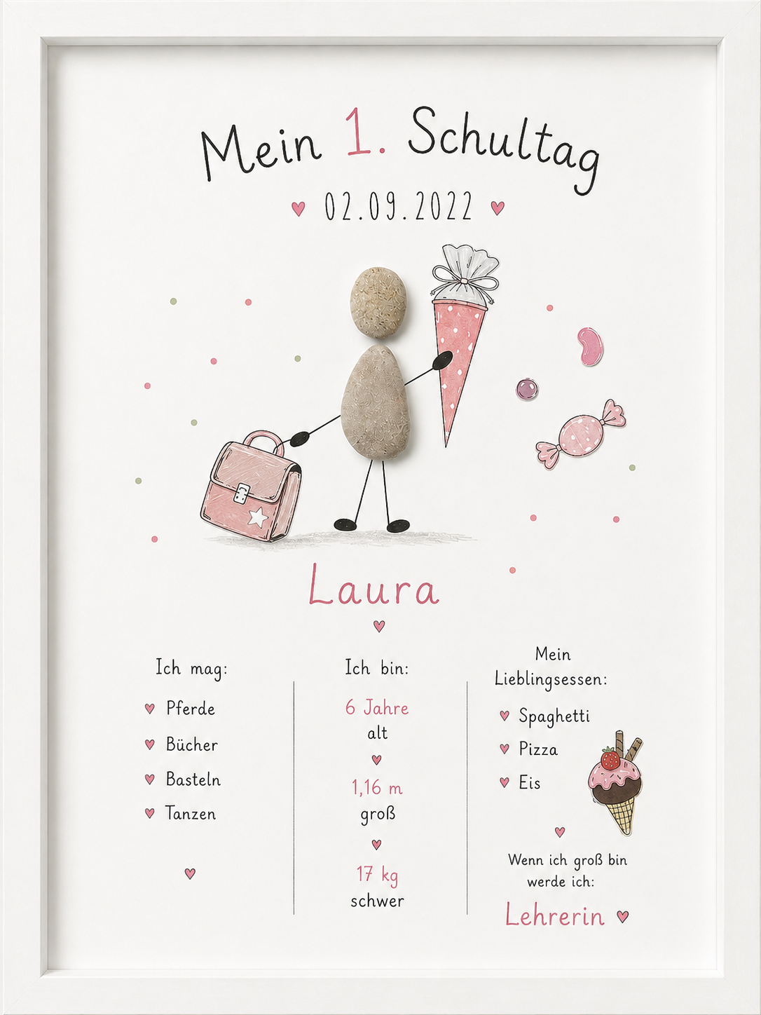 Kieselsteinbild Mein 1. Schultag mit Steckbrief – Geschenk zur Einschulung, handgemachtes Steinbild