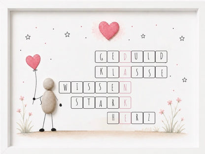 Kieselsteinbild Danke – Geduld, Klasse, Wissen, Stark, Herz, Dankeschön-Geschenk, handgemachtes Steinbild