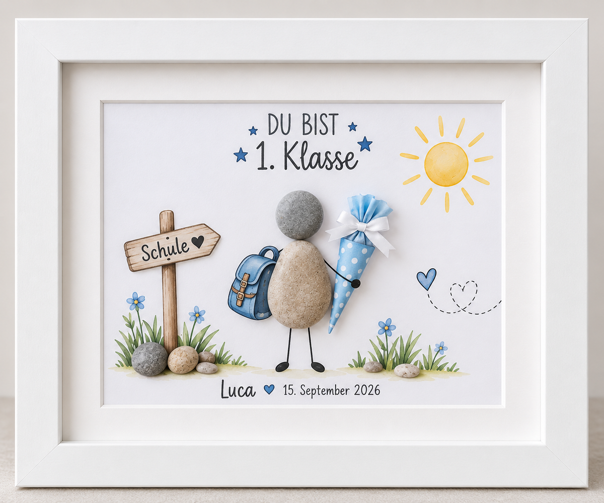 Kieselsteinbild Du bist 1. Klasse – Geschenk zur Einschulung, handgemachtes Steinbild