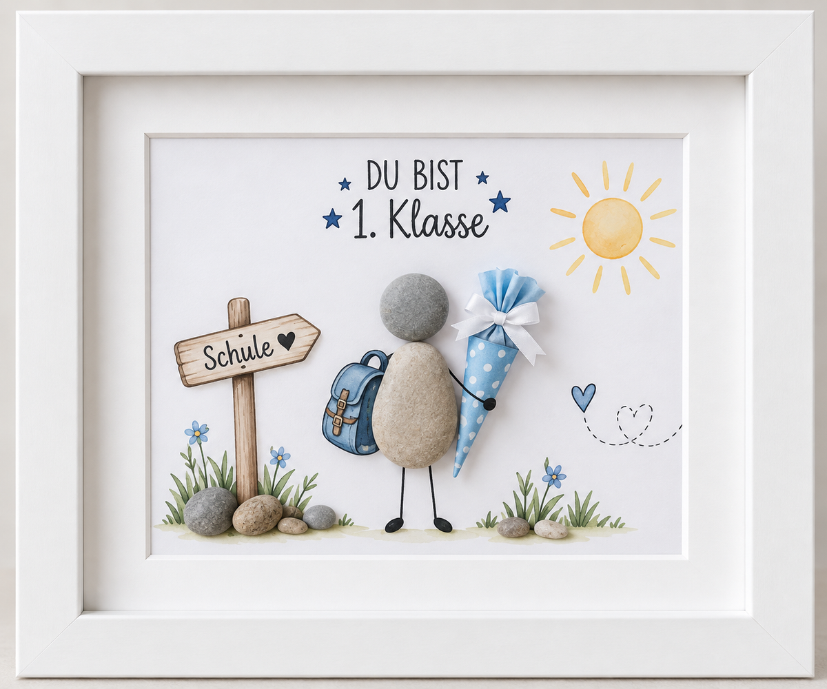 Kieselsteinbild Du bist 1. Klasse – Geschenk zur Einschulung, handgemachtes Steinbild