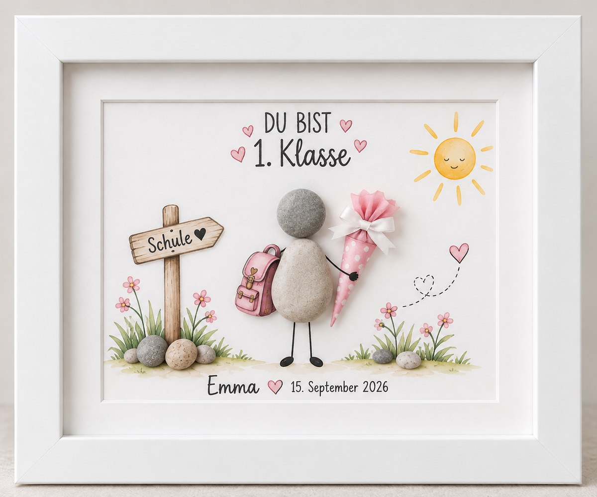 Kieselsteinbild Du bist 1. Klasse – Geschenk zur Einschulung, handgemachtes Steinbild