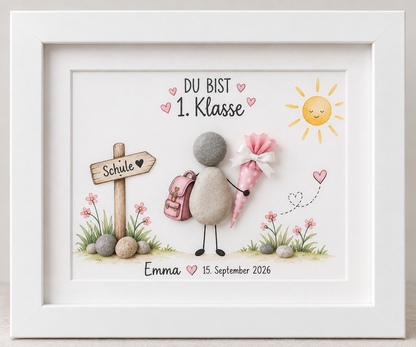 Kieselsteinbild Du bist 1. Klasse – Geschenk zur Einschulung, handgemachtes Steinbild