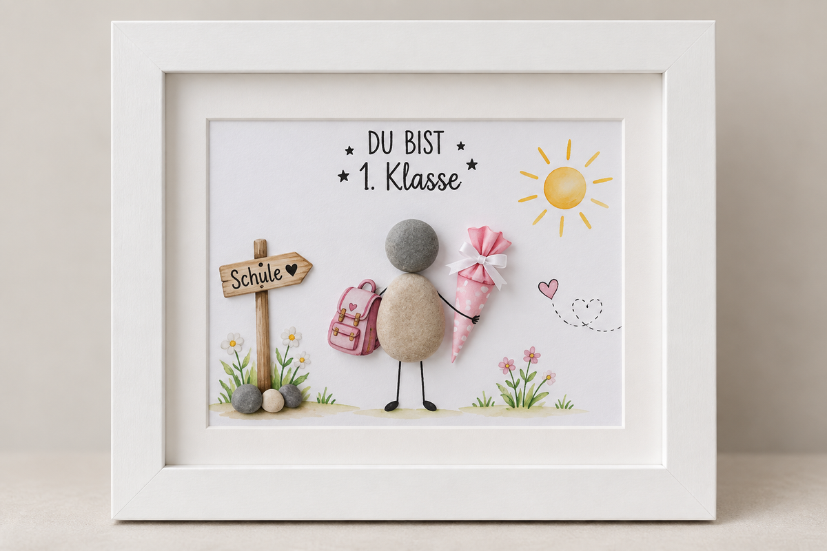 Kieselsteinbild Du bist 1. Klasse – Geschenk zur Einschulung, handgemachtes Steinbild