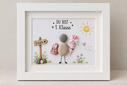 Kieselsteinbild Du bist 1. Klasse – Geschenk zur Einschulung, handgemachtes Steinbild