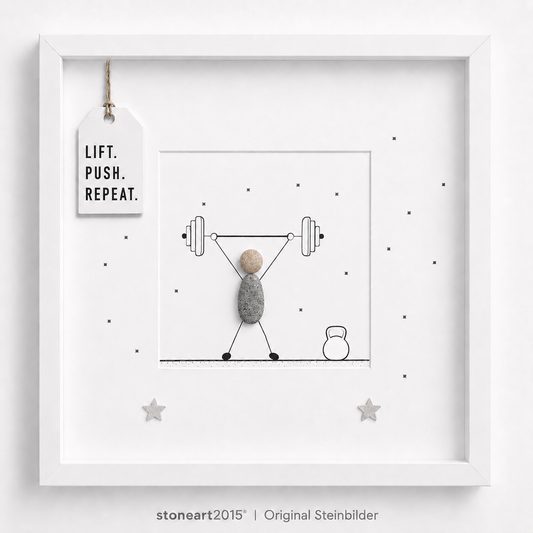 Handgefertigtes Steinbild Gewichtheben aus Kieselsteinen, Sportler stemmt eine Langhantel, mit Spruch Lift Push Repeat.