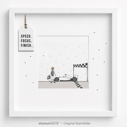 Steinbild Motorsport Zielflagge mit Kieselsteinen – Rennfahrer an der Ziellinie, Speed Focus Finish