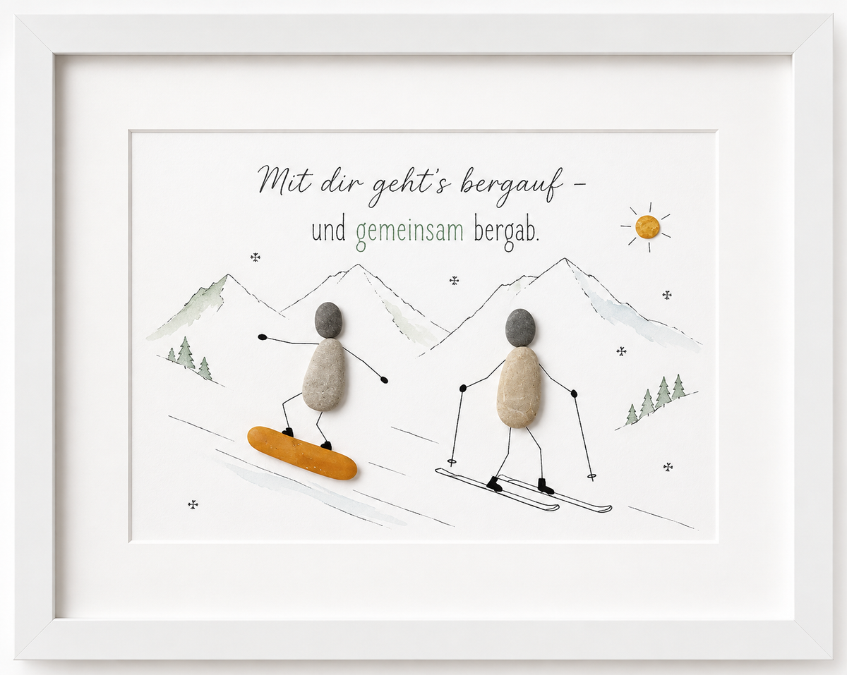 Kieselsteinbild Mit dir geht's bergauf und gemeinsam bergab – Geschenk für Wintersportfans, handgemachtes Steinbild