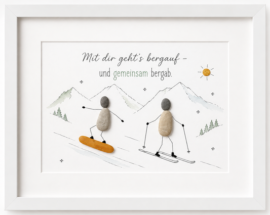 Kieselsteinbild Mit dir geht's bergauf und gemeinsam bergab – Geschenk für Wintersportfans, handgemachtes Steinbild