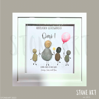 Handgemachtes Steinbild mit dem Spruch „Herzlichen Glückwunsch, Oma“ – liebevolles Geschenk für Großmütter zum Geburtstag oder einfach so.