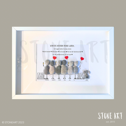 Handgefertigtes Steinbild mit dem Spruch „Wenn aus Nachbarn Freunde werden“ – Geschenk mit Herz für besondere Nachbarn.
