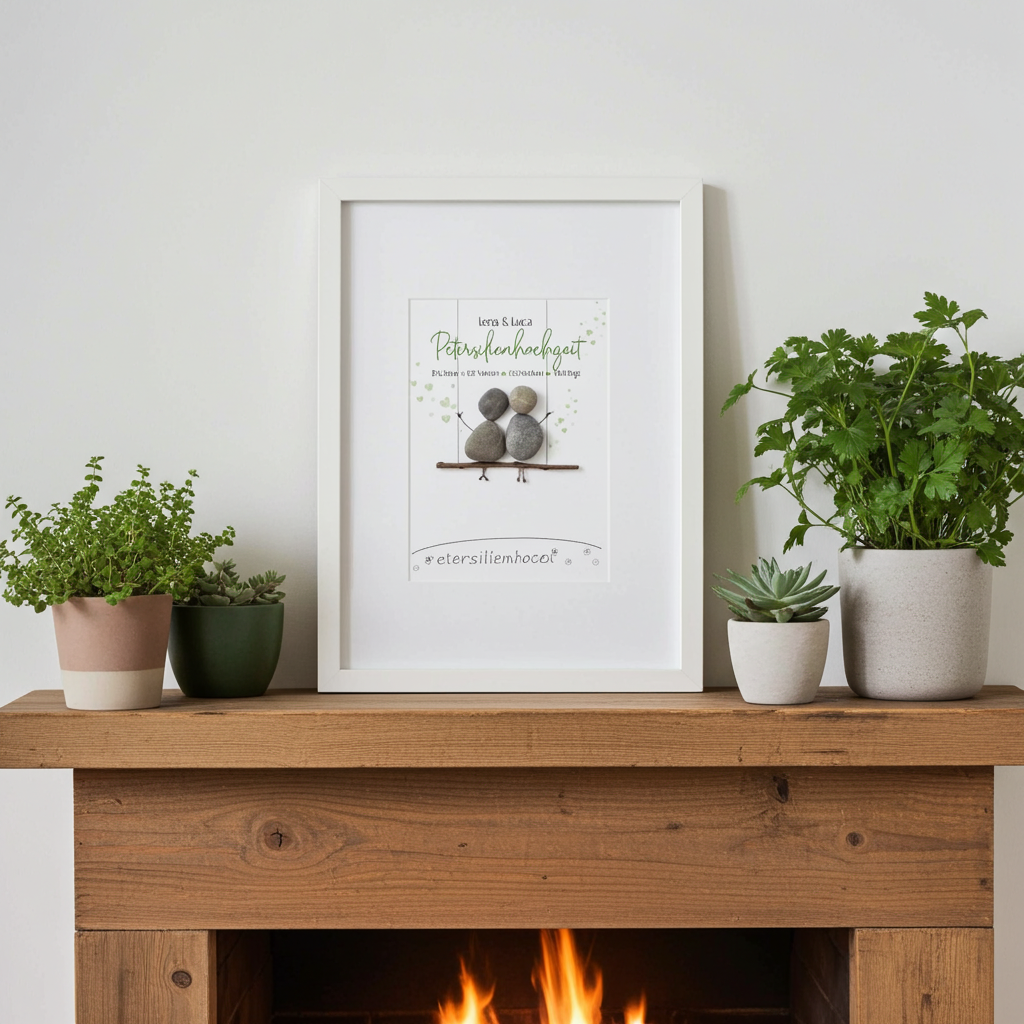 Handgefertigtes Steinbild mit Schaukel-Motiv und dem Spruch zur Petersilienhochzeit – Geschenkidee zum 12,5-jährigen Hochzeitstag.