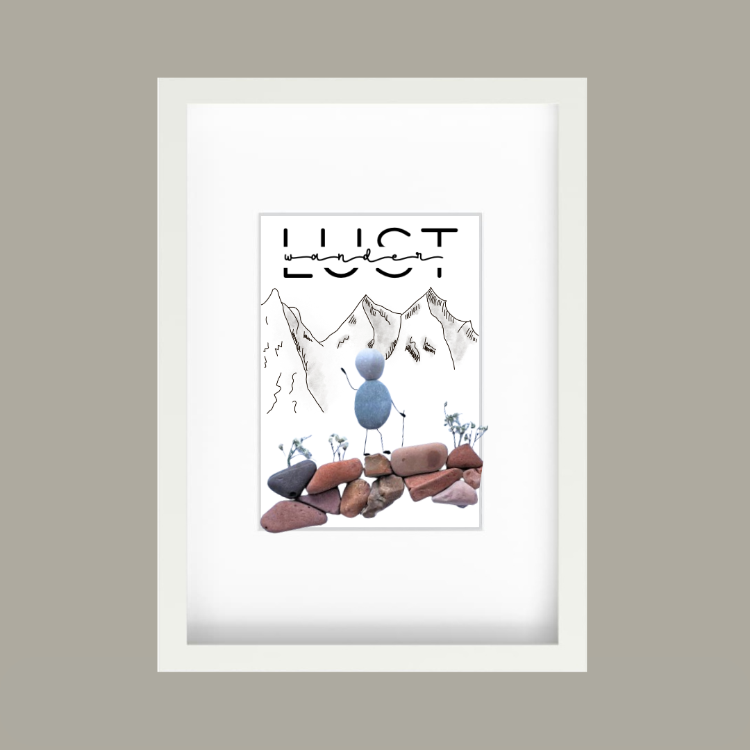 Handgemachtes Steinbild mit dem Wort „Wanderlust“ – Geschenk für Wanderer, Bergsteiger und Naturliebhaber