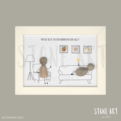 Handgefertigtes Steinbild als Geschenk für Psychotherapeutin in weißem Rahmen