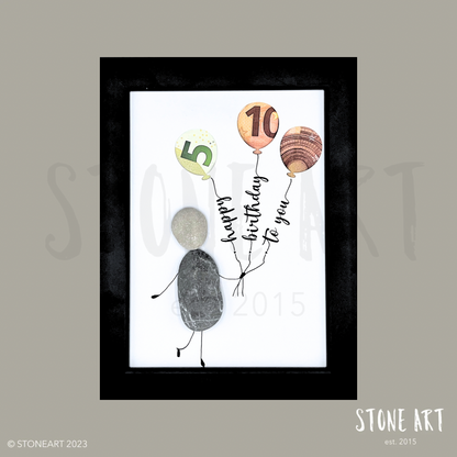 Handgemachtes Steinbild Happy Birthday to You – kreatives Geldgeschenk zum Selbstbefüllen mit Natursteinen