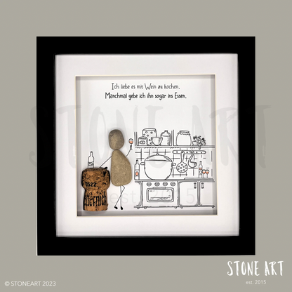 Handgemachtes Steinbild „Ich liebe es mit Wein zu kochen …“ – Geschenk für Weinliebhaber:innen & Kochfreunde, personalisierbar
