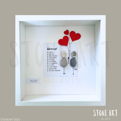 Handgefertigtes Steinbild mit dem Spruch „Liebesrezept“ – romantisches und humorvolles Geschenk für Paare zur Hochzeit oder zum Jahrestag. Darstellung ohne Holzlöffel