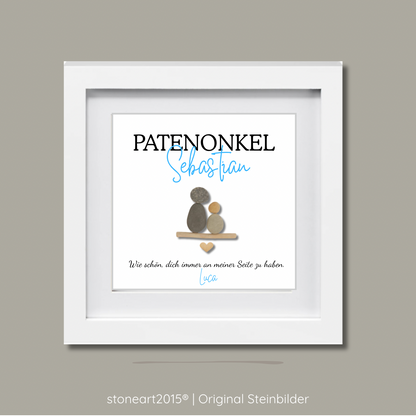 Minimalistisches Steinbild aus Naturkieseln als Geschenk für Patenonkel oder Patentante zur Taufe.