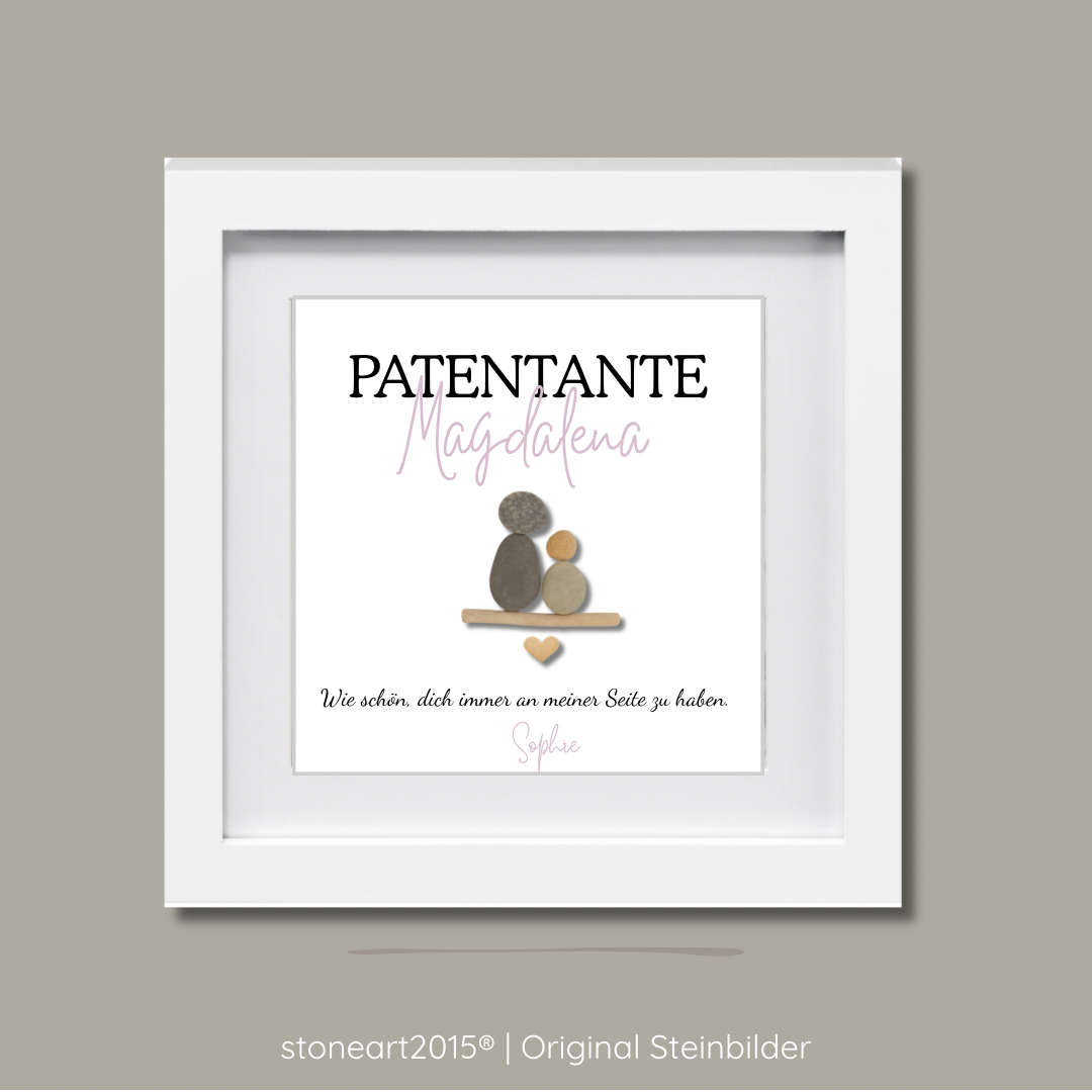 Minimalistisches Steinbild aus Naturkieseln als Geschenk für Patenonkel oder Patentante zur Taufe.