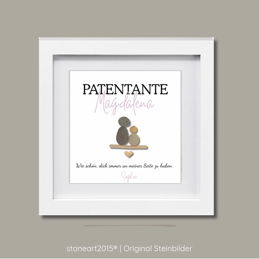 Minimalistisches Steinbild aus Naturkieseln als Geschenk für Patenonkel oder Patentante zur Taufe.