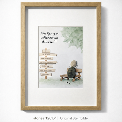 Handgemachtes Steinbild mit Spruch zum Ruhestand – persönliches Abschiedsgeschenk aus Naturstein