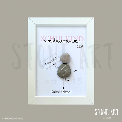 Steinbild Schulkind personalisiert mit Namen Geschenk zur Einschulung Mädchen rosa