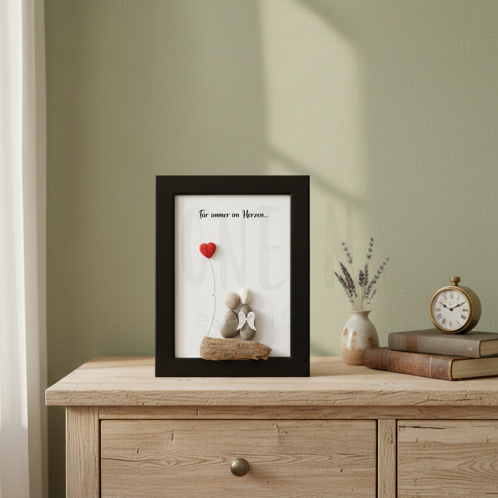 Trauer Steinbild mit Herzmotiv dekoriert im Wohnraum auf Regal