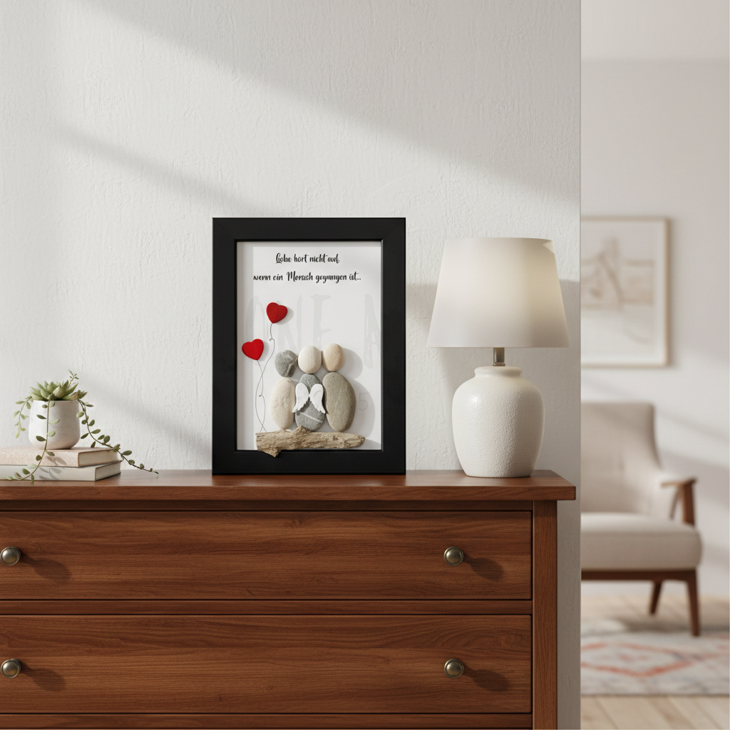 Erinnerungs Steinbild Trauer dekoriert auf Regal im Wohnraum