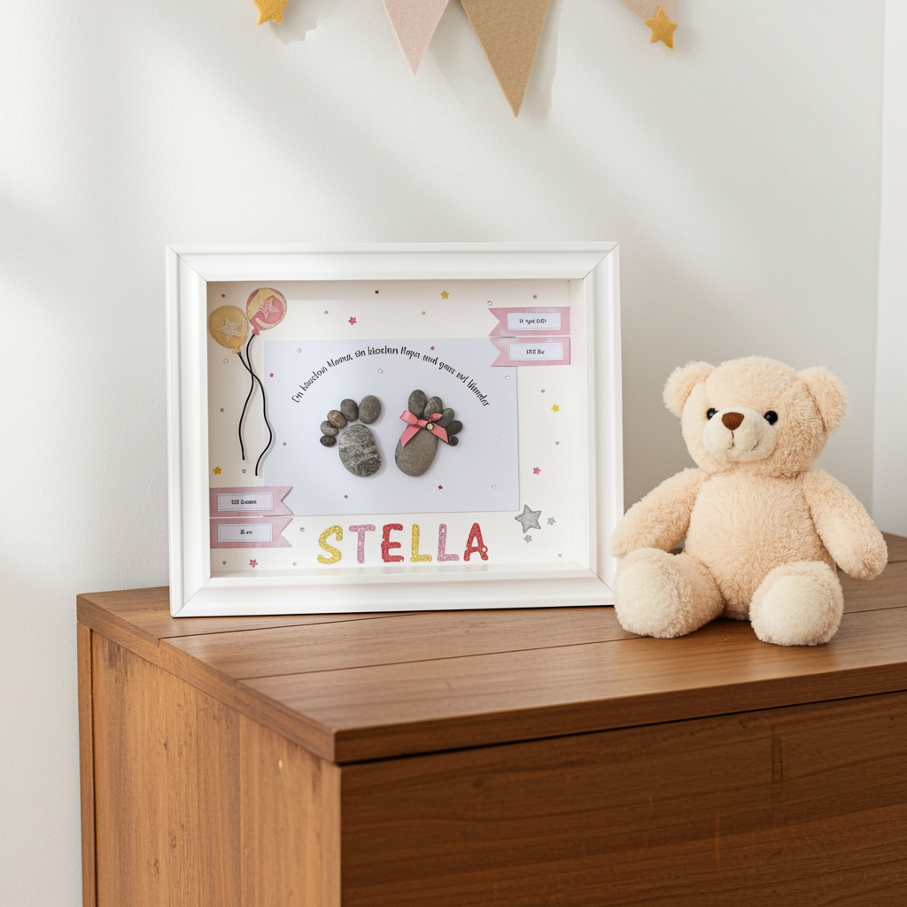 TAUF31Steinbild-Ein bisschen Mama ein bisschen Papa und ganz viel Wunder-Taufgeschenk-Geschenk zur Geburt auf Kommode