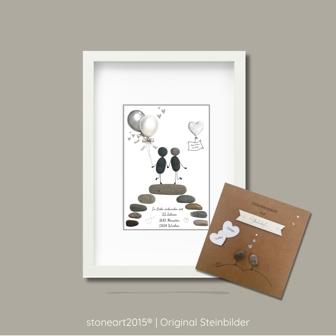 Steinbild zur Silberhochzeit mit Text In Liebe verbunden seit 25 Jahren mit passender Karte