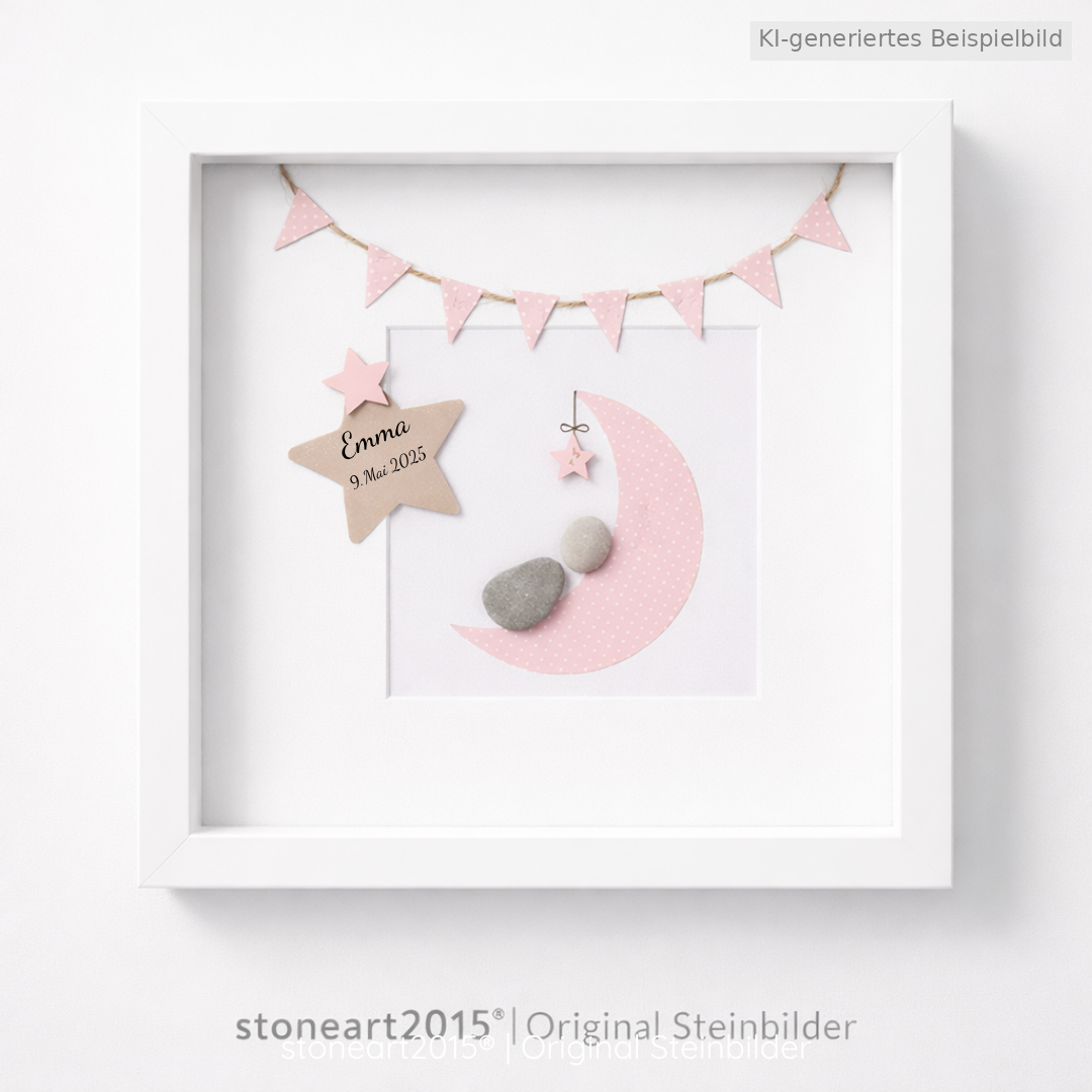 Kieselsteinbild Welcome to the World Mond Sternengirlande rosa, Geschenk zur Geburt, handgemachtes Steinbild