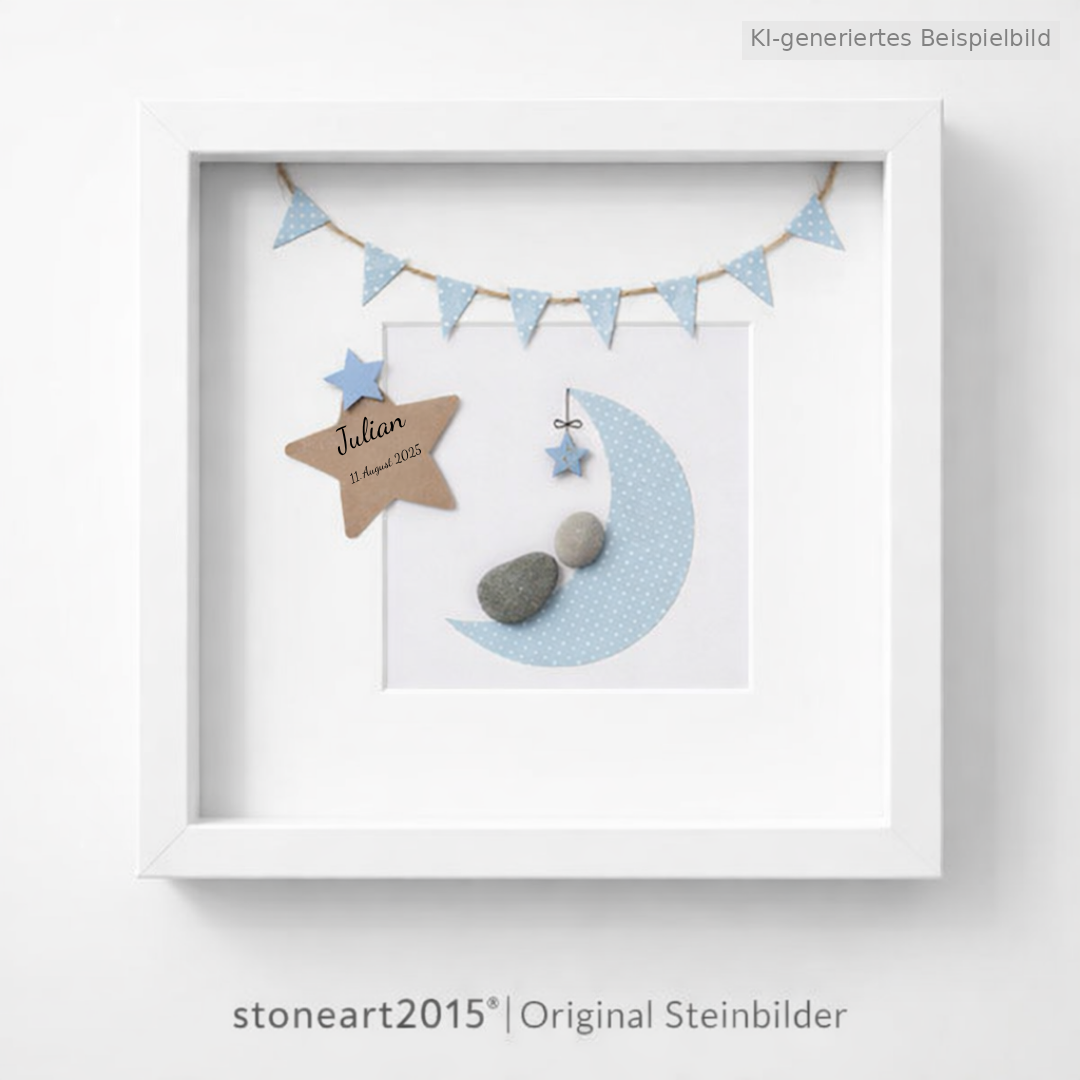 Kieselsteinbild Mond Girlande Stern blau, Geschenk zur Geburt, handgemachtes Steinbild