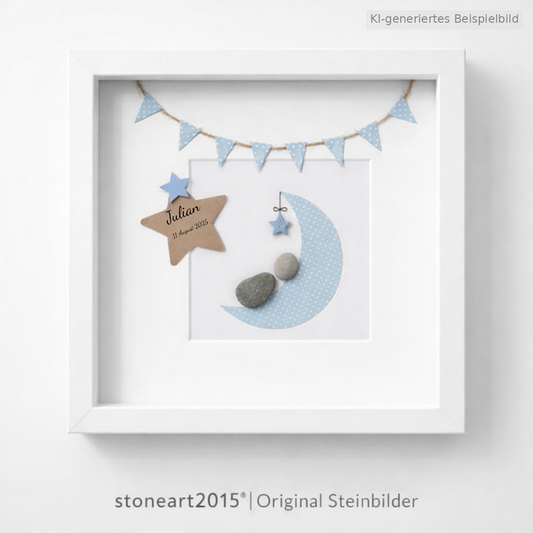 Kieselsteinbild Mond Girlande Stern blau, Geschenk zur Geburt, handgemachtes Steinbild
