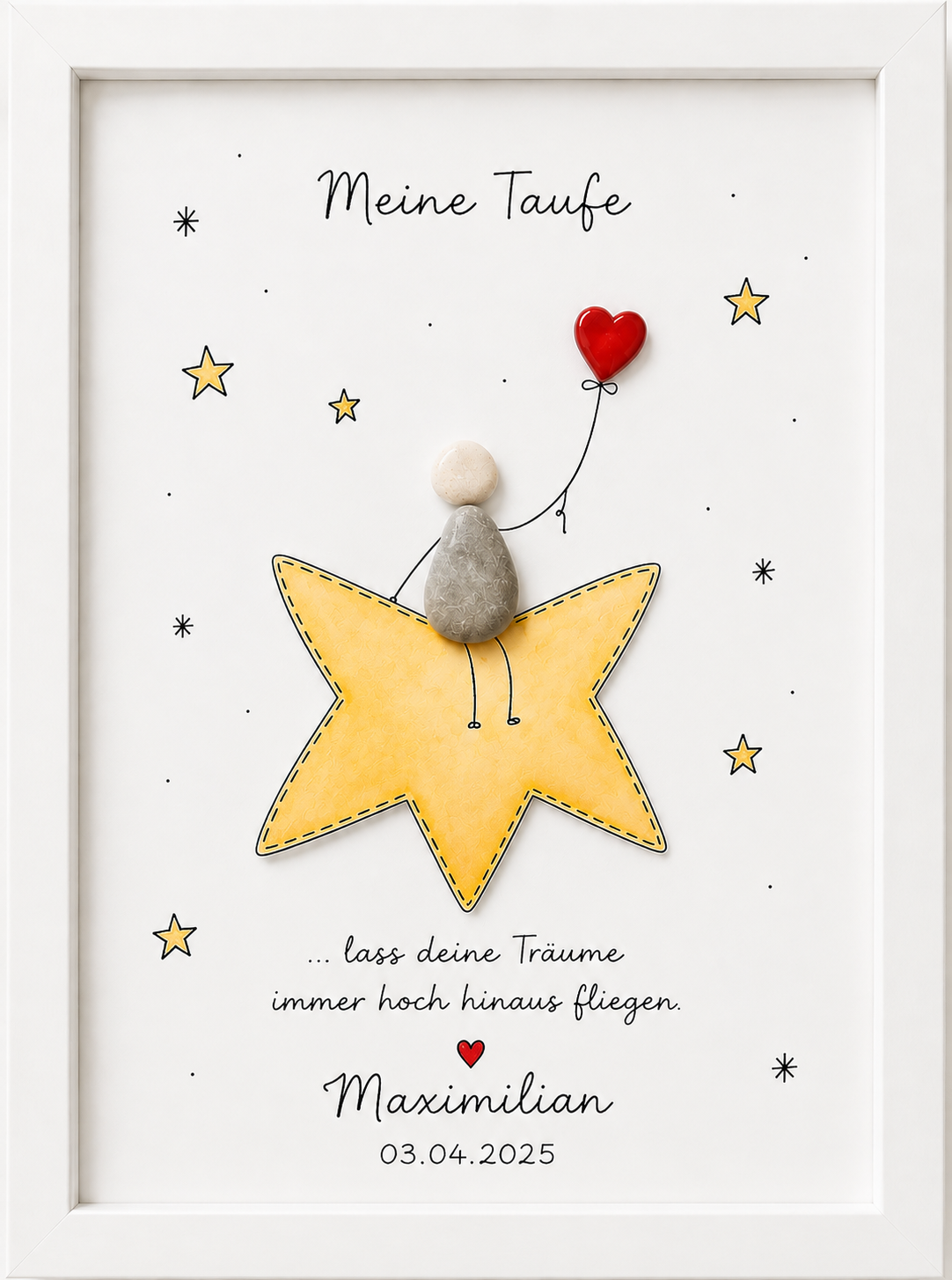 Kieselsteinbild Meine Taufe lass deine Traeume hoch hinaus fliegen, Taufgeschenk, handgemachtes Steinbild