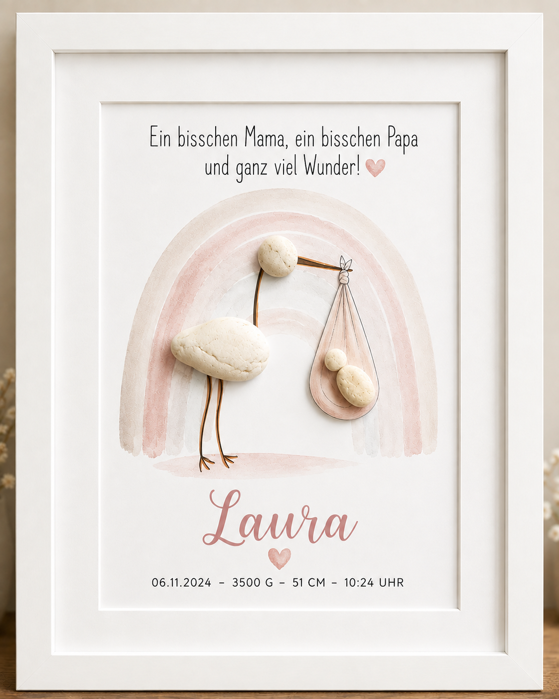 Kieselsteinbild Ein bisschen Mama ein bisschen Papa Storch rosa, Geschenk zur Geburt, handgemachtes Steinbild
