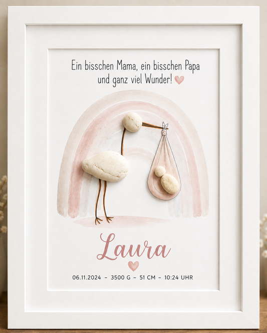 Kieselsteinbild Ein bisschen Mama ein bisschen Papa Storch rosa, Geschenk zur Geburt, handgemachtes Steinbild