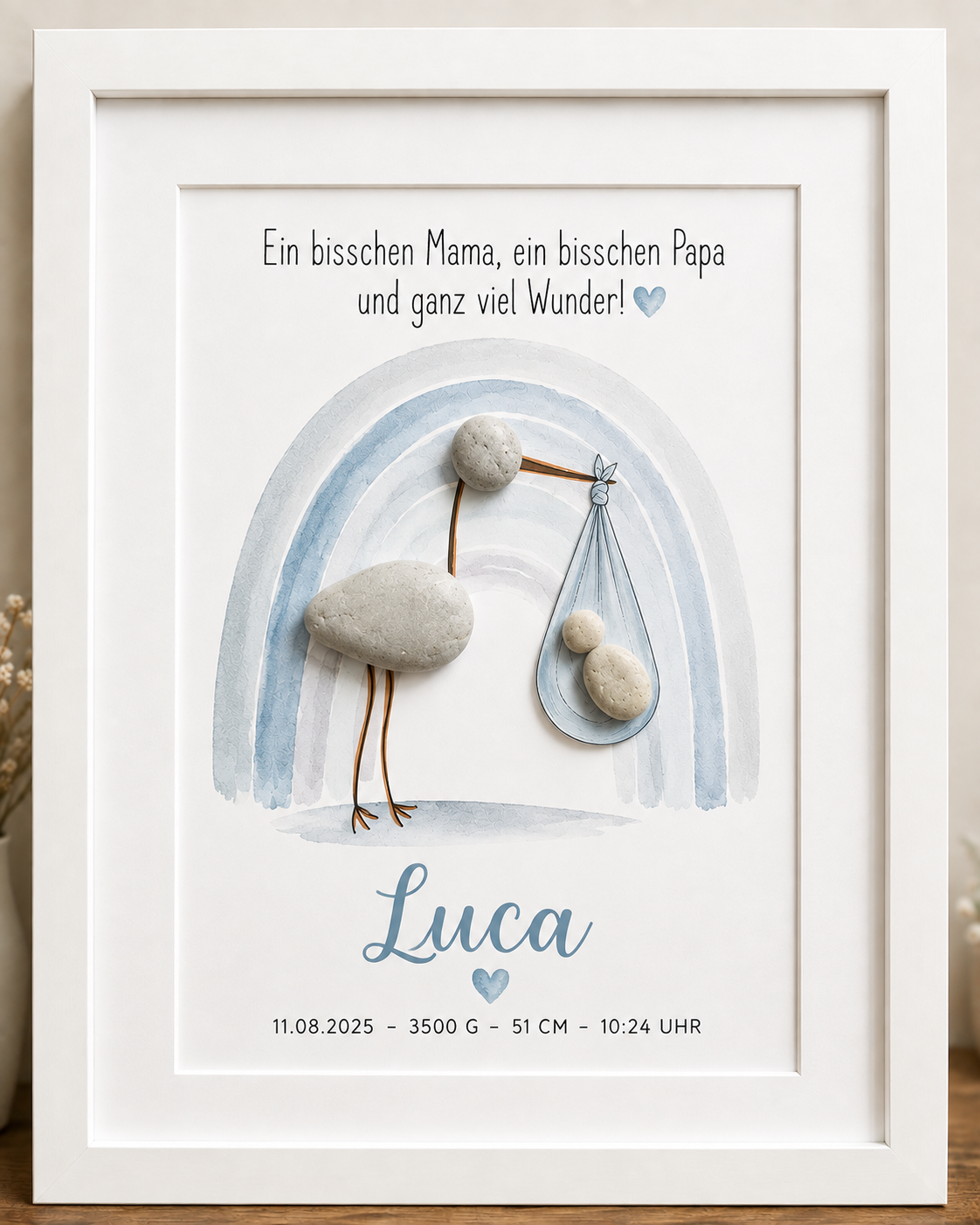 Kieselsteinbild Ein bisschen Mama ein bisschen Papa Storch blau, Geschenk zur Geburt, handgemachtes Steinbild