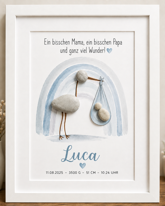 Kieselsteinbild Ein bisschen Mama ein bisschen Papa Storch blau, Geschenk zur Geburt, handgemachtes Steinbild