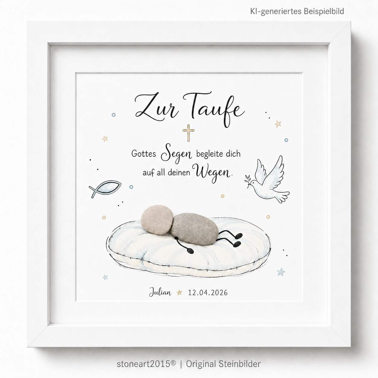 Kieselsteinbild Gottes Segen begleite dich, Geschenk zur Taufe, handgemachtes Steinbild