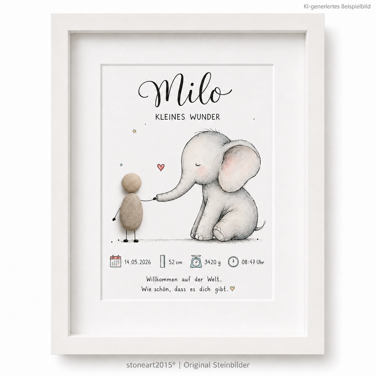 Kieselsteinbild Kleines Wunder Elefant, Geschenk zur Geburt, handgemachtes Steinbild