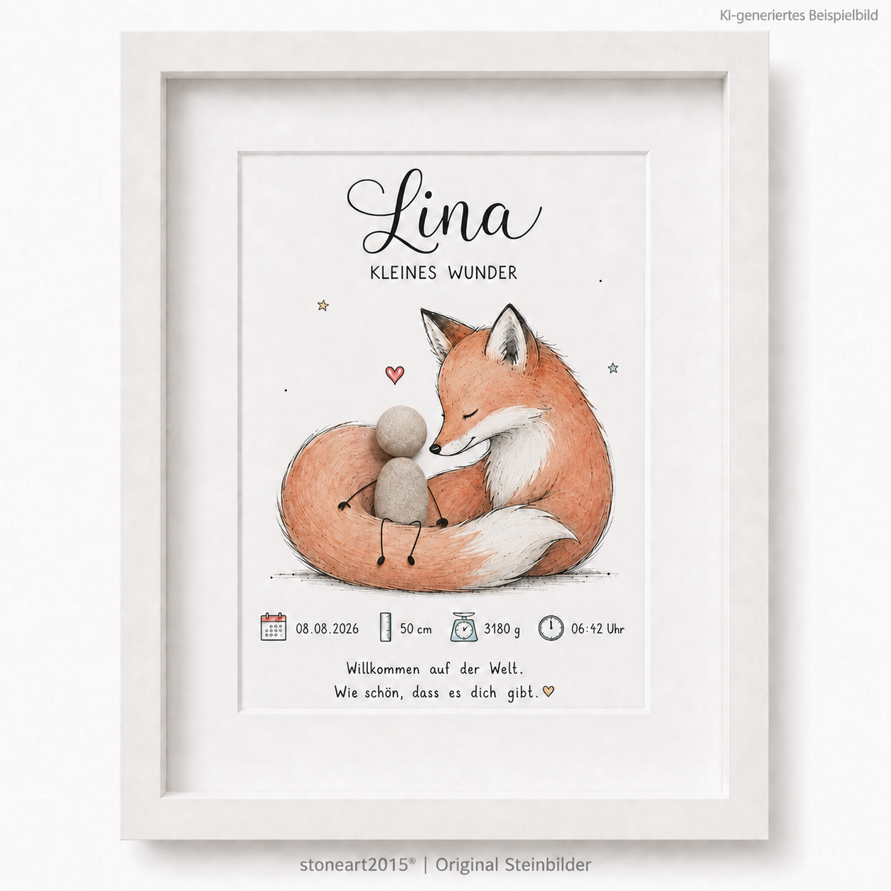 Kieselsteinbild Kleines Wunder Fuchs, Geschenk zur Geburt, handgemachtes Steinbild