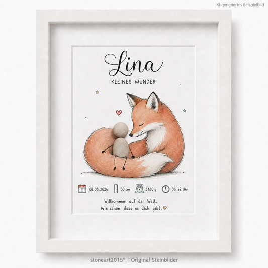 Kieselsteinbild Kleines Wunder Fuchs, Geschenk zur Geburt, handgemachtes Steinbild