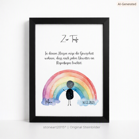Kieselsteinbild Taufe Regenbogen bunt, Taufgeschenk, handgemachtes Steinbild