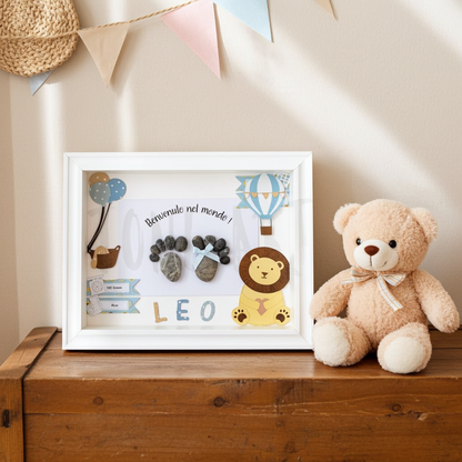 Steinbild Geburt gerahmt im Kinderzimmer – handgemachtes Geschenk zur Geburt personalisiert