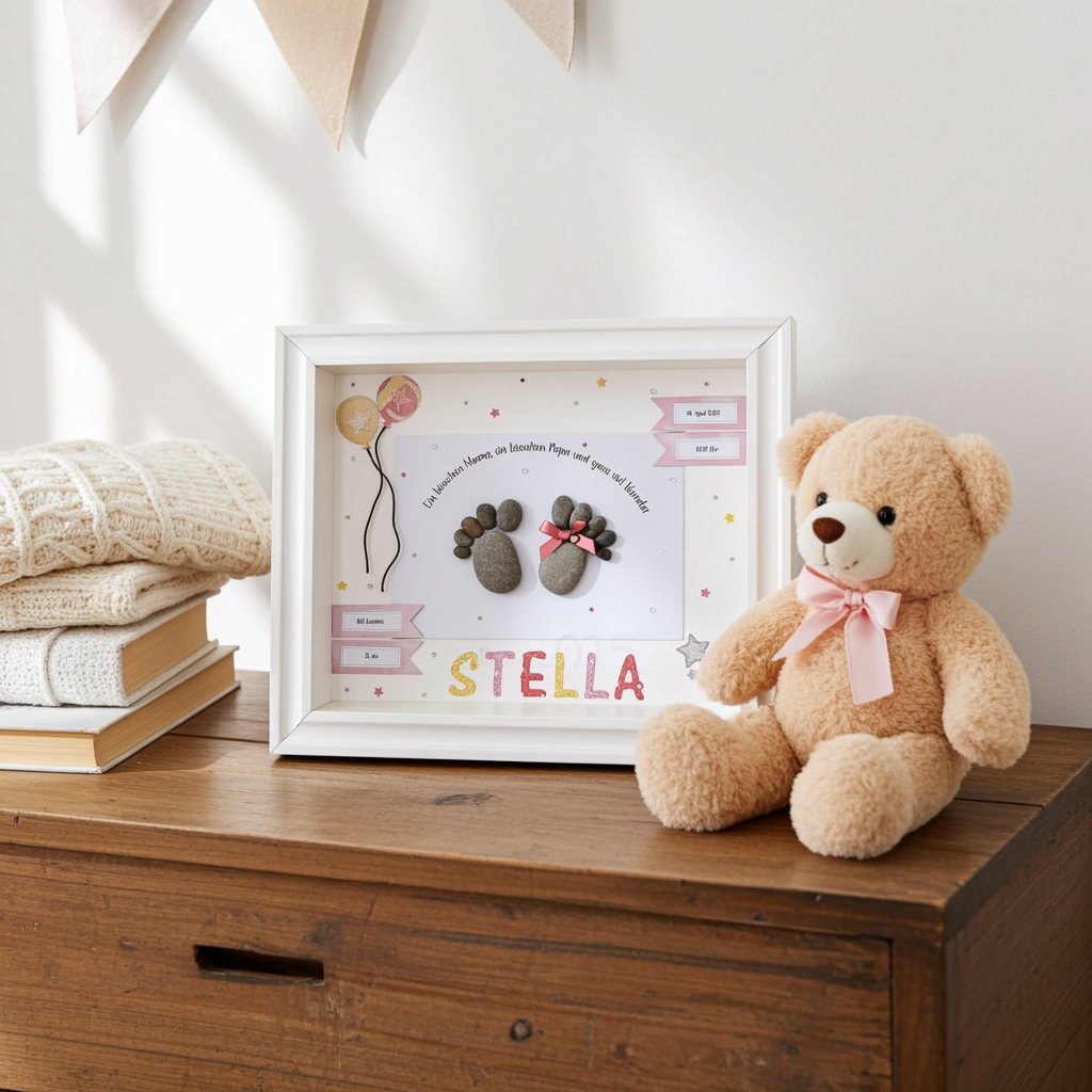 Steinbild Geburt gerahmt im Kinderzimmer – handgemachtes Geschenk zur Geburt personalisiert
