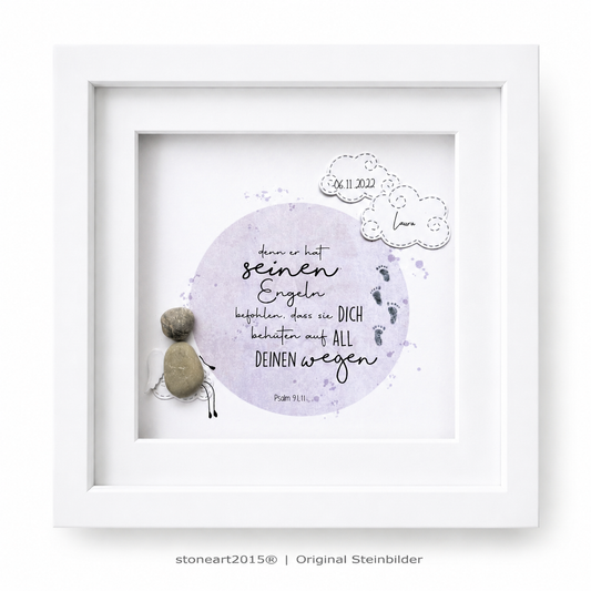 Kieselsteinbild Denn er hat seinen Engeln befohlen, Geschenk zur Taufe, handgemachtes Steinbild