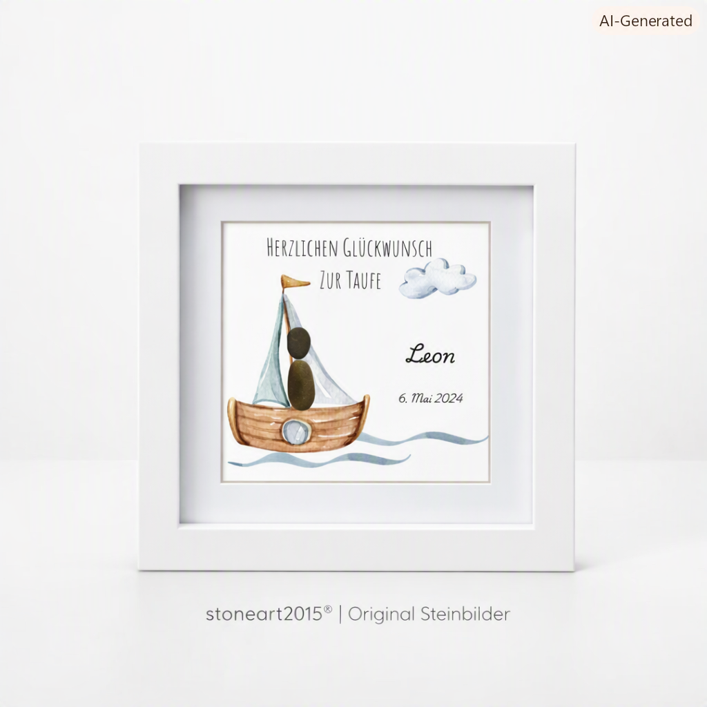 Handgemachtes Steinbild zur Taufe mit blauem Boot und Schriftzug Herzlichen Glückwunsch zur Taufe – Geschenk für Jungen