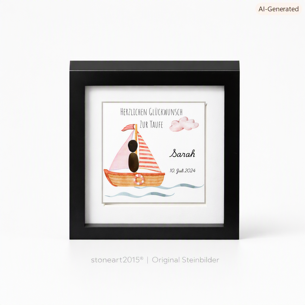 Handgemachtes Steinbild zur Taufe mit rosa Boot und Schriftzug Herzlichen Glückwunsch zur Taufe – Geschenk für Mädchen