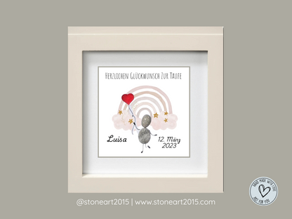 Handgemachtes Steinbild zur Taufe mit rosa Regenbogen und Spruch Herzlichen Glückwunsch zur Taufe – Geschenk für Mädchen