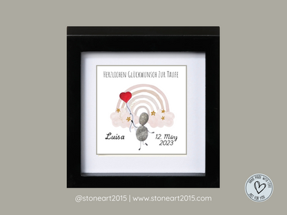 Handgemachtes Steinbild zur Taufe mit rosa Regenbogen und Spruch Herzlichen Glückwunsch zur Taufe – Geschenk für Mädchen